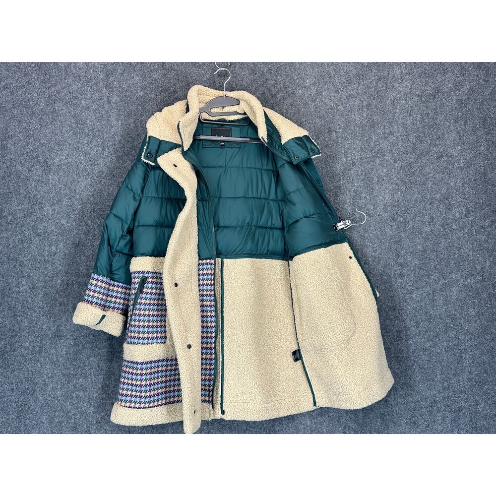 Sam Edelman Puffer Coat Womens L Teal Houndstooth Sherpa Hood Long Winter - Picture 4 of 13